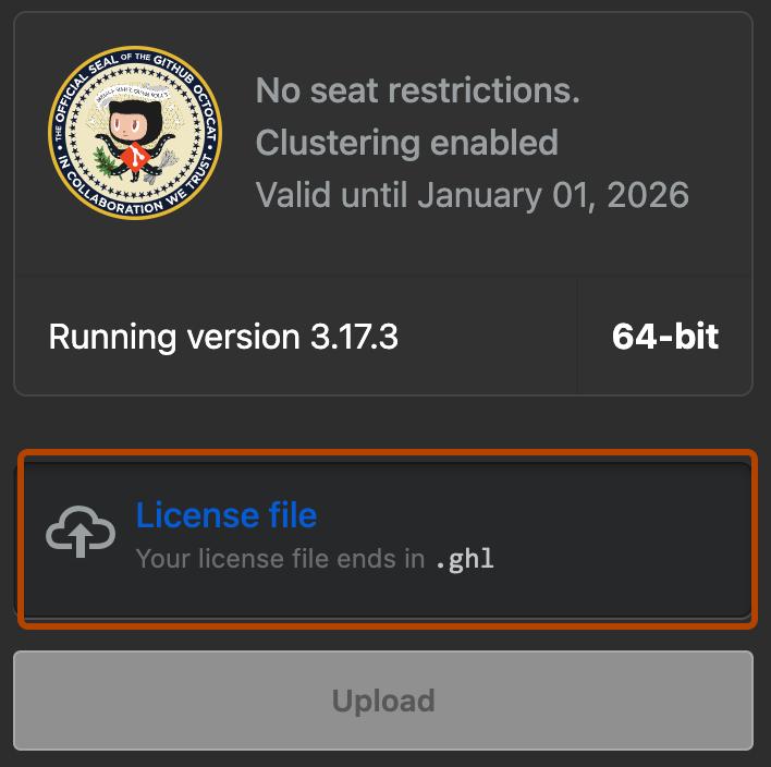 Screenshot of the "License" page of the Management Console. The "License file" upload area is highlighted with an orange outline.
