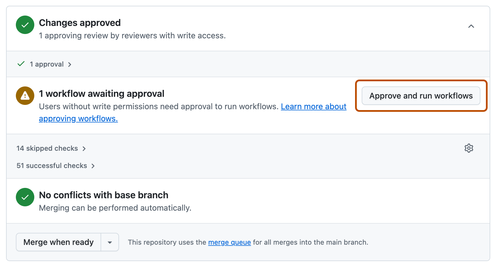 Screenshot of the merge box on a pull request from Copilot with the "Approve and run workflows" button.