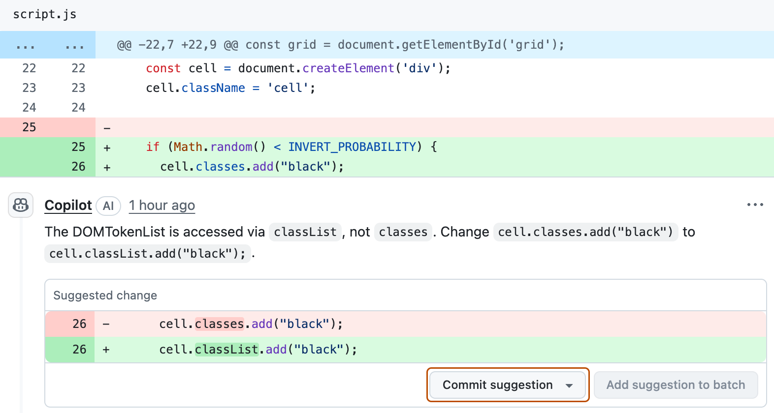 Screenshot of a suggested change from GitHub Copilot. The "Commit suggestion" button is highlighted in an orange outline.
